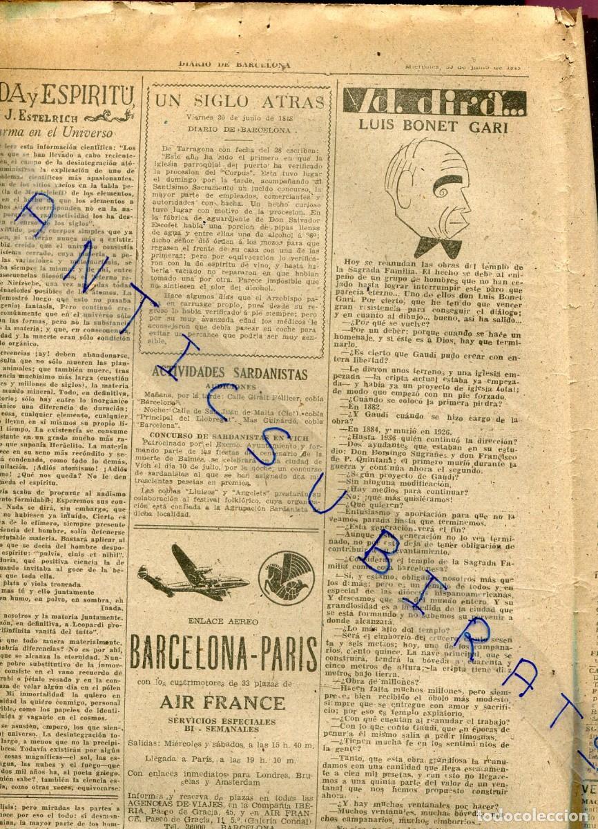 Coleccionismo de Revistas y Peri&oacute;dicos: PERIODICO A&Ntilde;O 1948 REANUDACION DE LAS OBRAS EN LA SAGRADA FAMILIA GAUDI BARCELONA PALESTINA ISRAEL
