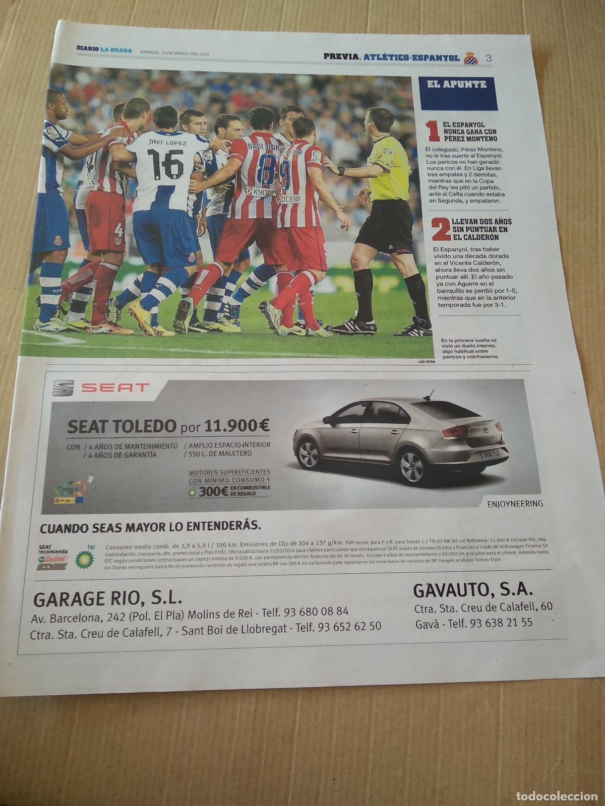 Coleccionismo de revistas y peri&oacute;dicos: HOJA PERIODICO DIARIO LA GRADA EQUIPO PLANTILLA ESPANYOL VS ATLETICO DE MADRID PUBLICIDAD SEAT COSTA