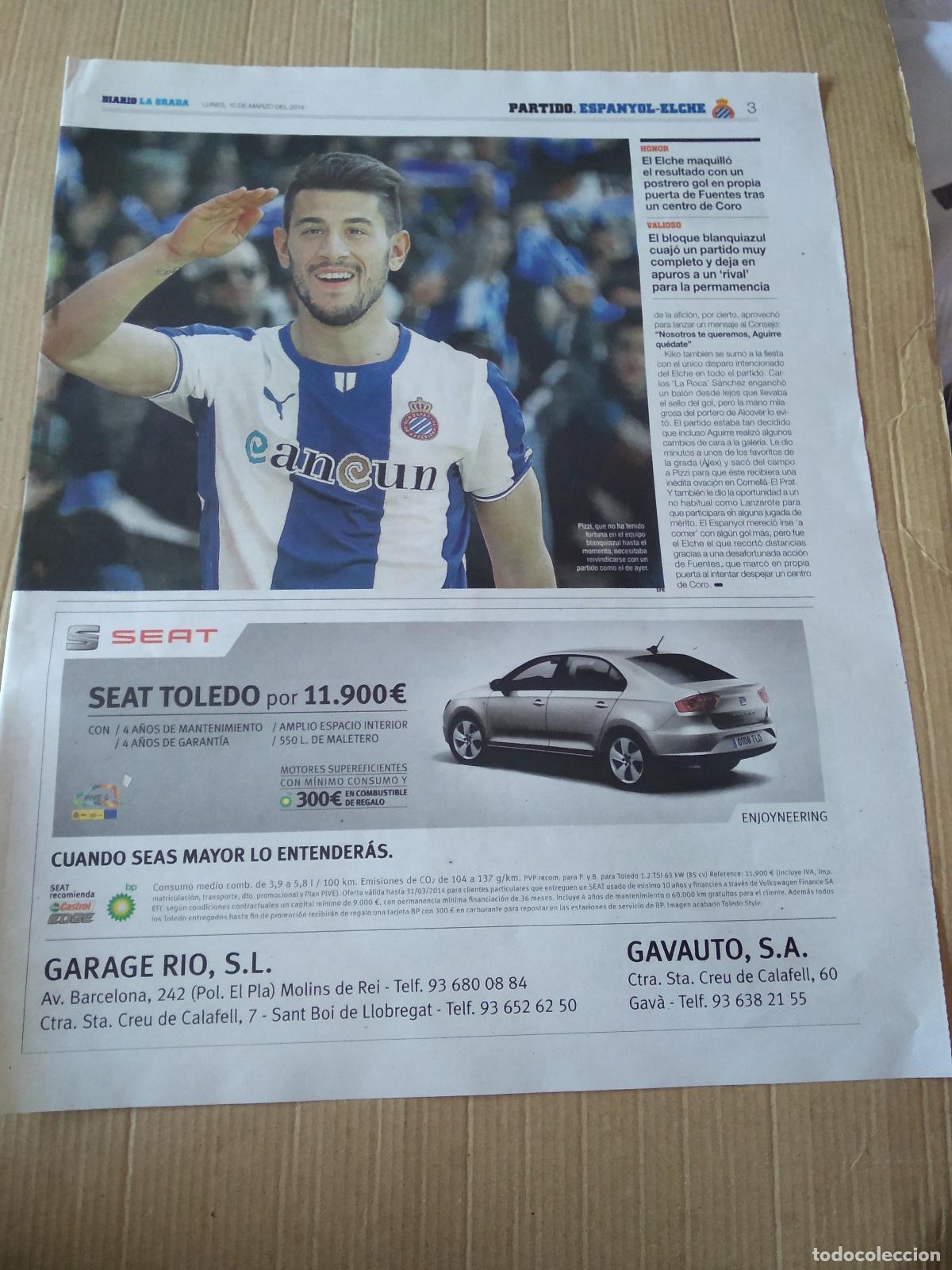Coleccionismo de revistas y peri&oacute;dicos: HOJA PERIODICO DIARIO LA GRADA PIZZI ESPANYOL PUBLICIDAD SEAT EQUIPO PLANTILLA