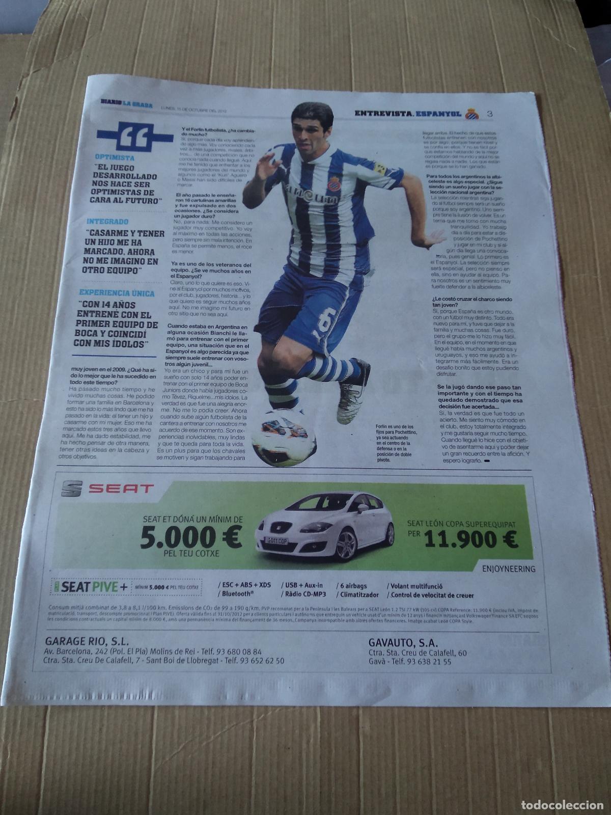 Coleccionismo de revistas y peri&oacute;dicos: HOJA PERIODICO DIARIO LA GRADA ENTREVISTA FORLIN ESPANYOL PUBLICIDAD SEAT AFICION FANS