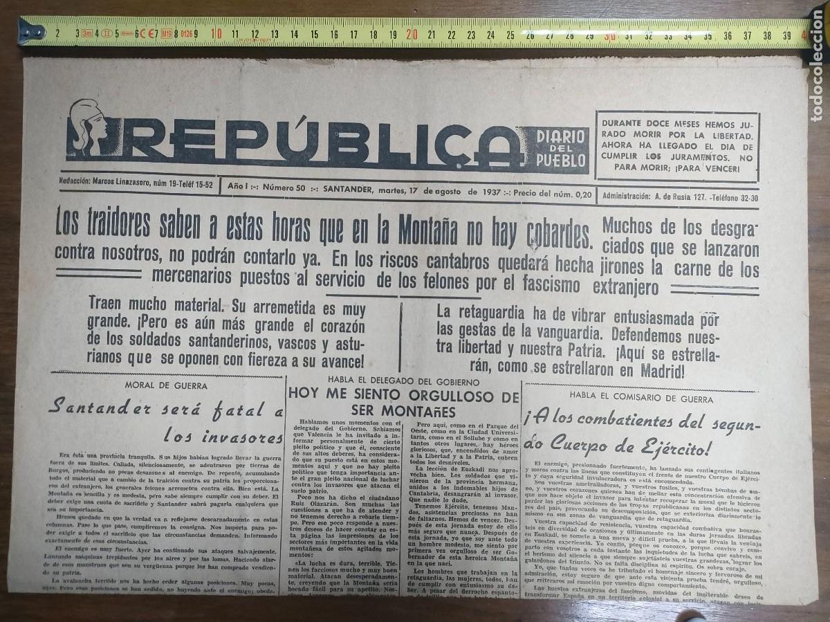 Coleccionismo de Revistas y Peri&oacute;dicos: REPUBLICA DIARIO DEL PUEBLO - N&ordm; 50 MARTES 17 AGOSTO 1937 - SANTANDER