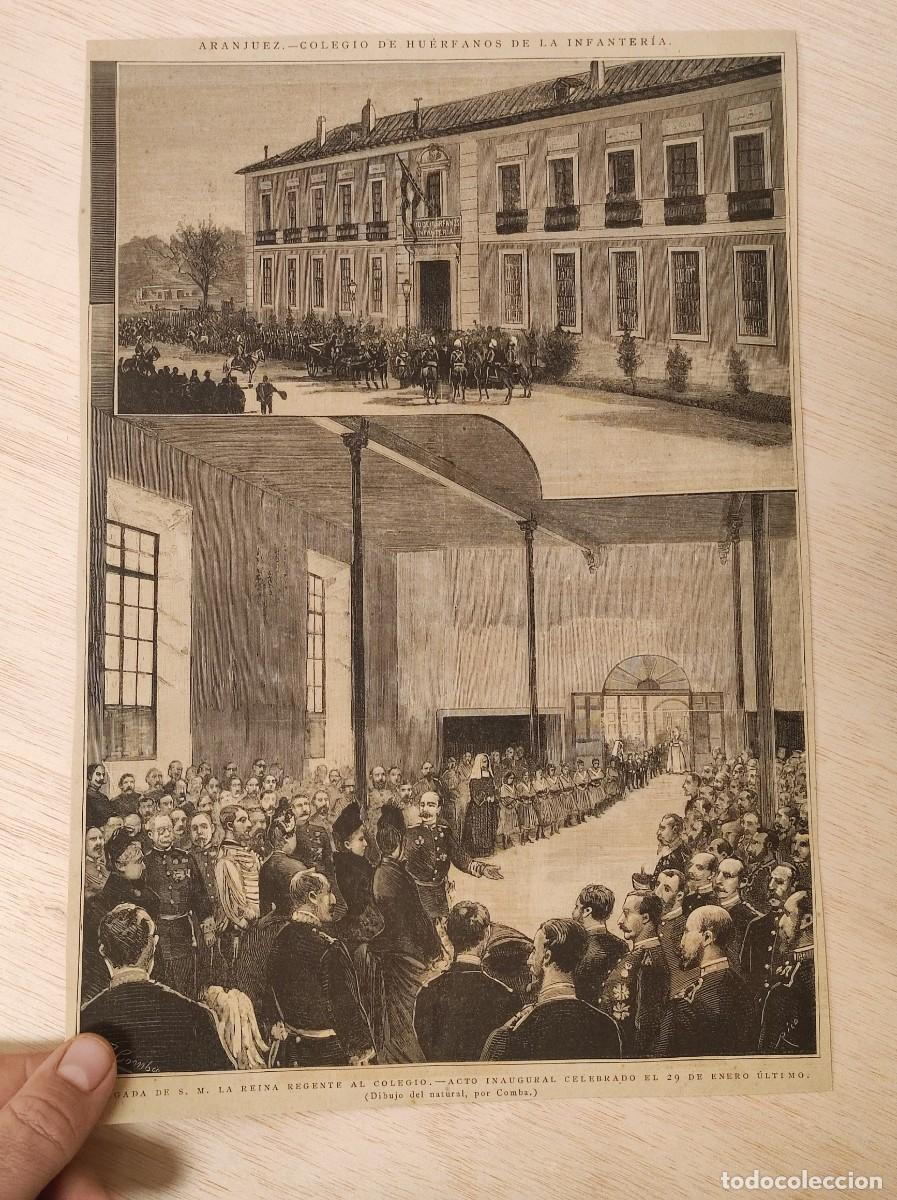 Coleccionismo de Revistas y Peri&oacute;dicos: HOJA GRABADO REVISTA ORIGINAL CIRCA 1890. COLEGIO HUERFANOS INFANTERIA ARANJUEZ. ACTO INAUGURAL