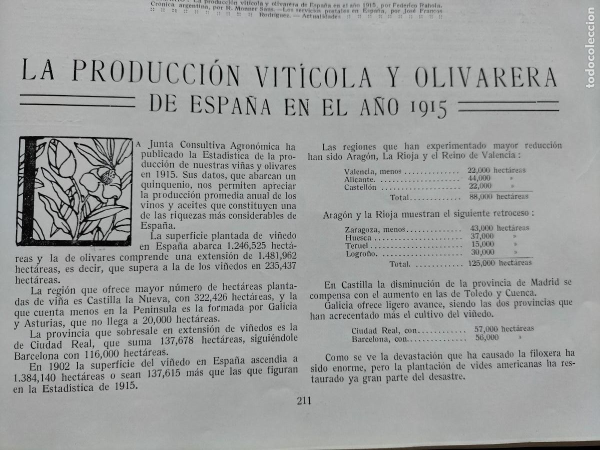 Coleccionismo de Revistas y Peri&oacute;dicos: LA PRODUCCION VITICOLA Y OLIVARERA DE ESPA&Ntilde;A EN EL A&Ntilde;O 1915 2 HOJAS REVISTA A&Ntilde;O 1916