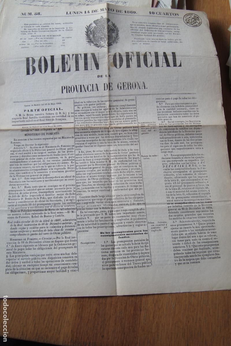 Coleccionismo de Revistas y Peri&oacute;dicos: BOLETIN OFICIAL PROVINCIA GERONA 1860 N&ordm; 58. SELLO TIMBRE. MINAS.