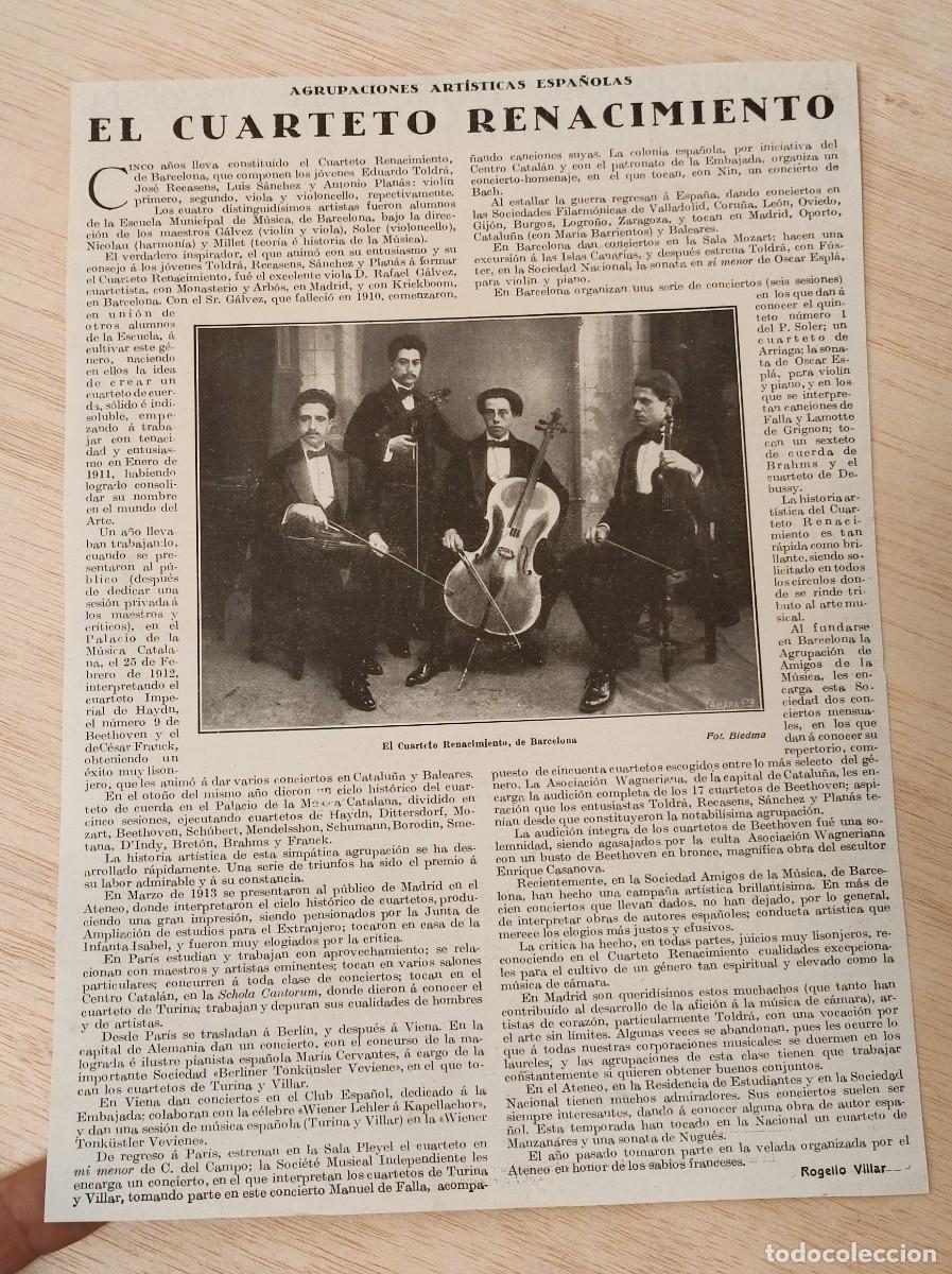Coleccionismo de Revistas y Peri&oacute;dicos: HOJA REVISTA ORIGINAL CIRCA 1919. EL CUARTETO RENACIMIENTO, DE BARCELONA. AGRUPACIONES ARTISTICAS