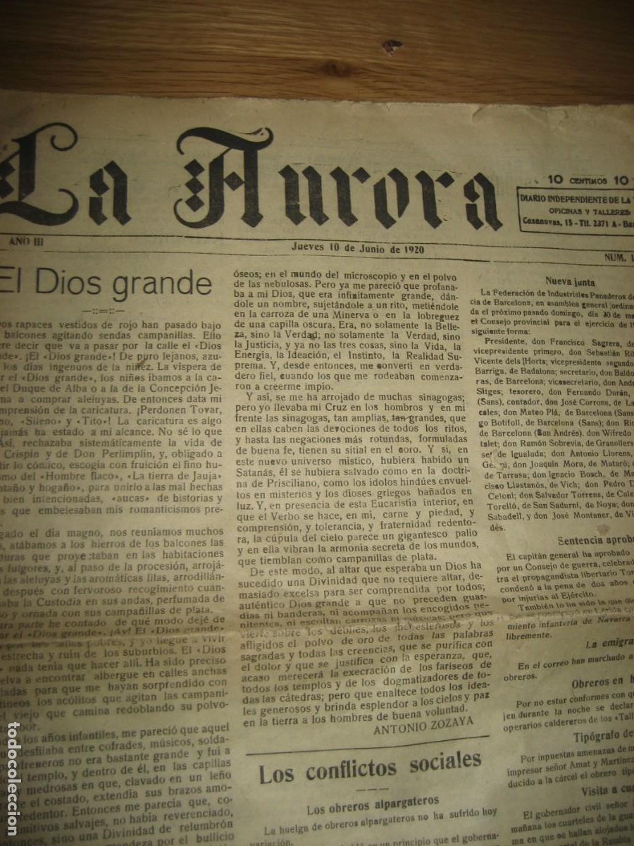 Coleccionismo de revistas y peri&oacute;dicos: la aurora . periodico diario de 1920 . Barcelona . n&ordm; 1105 conflictos sociales