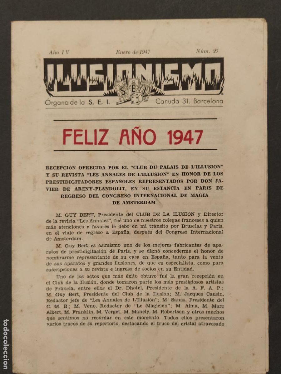 Collectionnisme de Revues et Journaux: MAGIA - SOCIEDAD ESPA&Ntilde;OLA ILUSIONISMO -N&ordm; 27 - FELIZ A&Ntilde;O 1947 -VER FOTOS-(K-13.856)