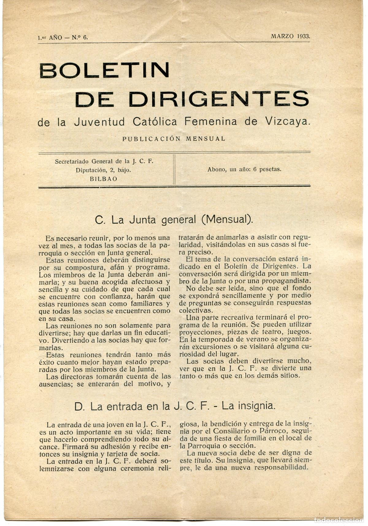Coleccionismo de Revistas y Peri&oacute;dicos: Bolet&iacute;n de Dirigentes de la Juventud Cat&oacute;lica Femenina de Vizcaya n&ordm; 6 Marzo 1933