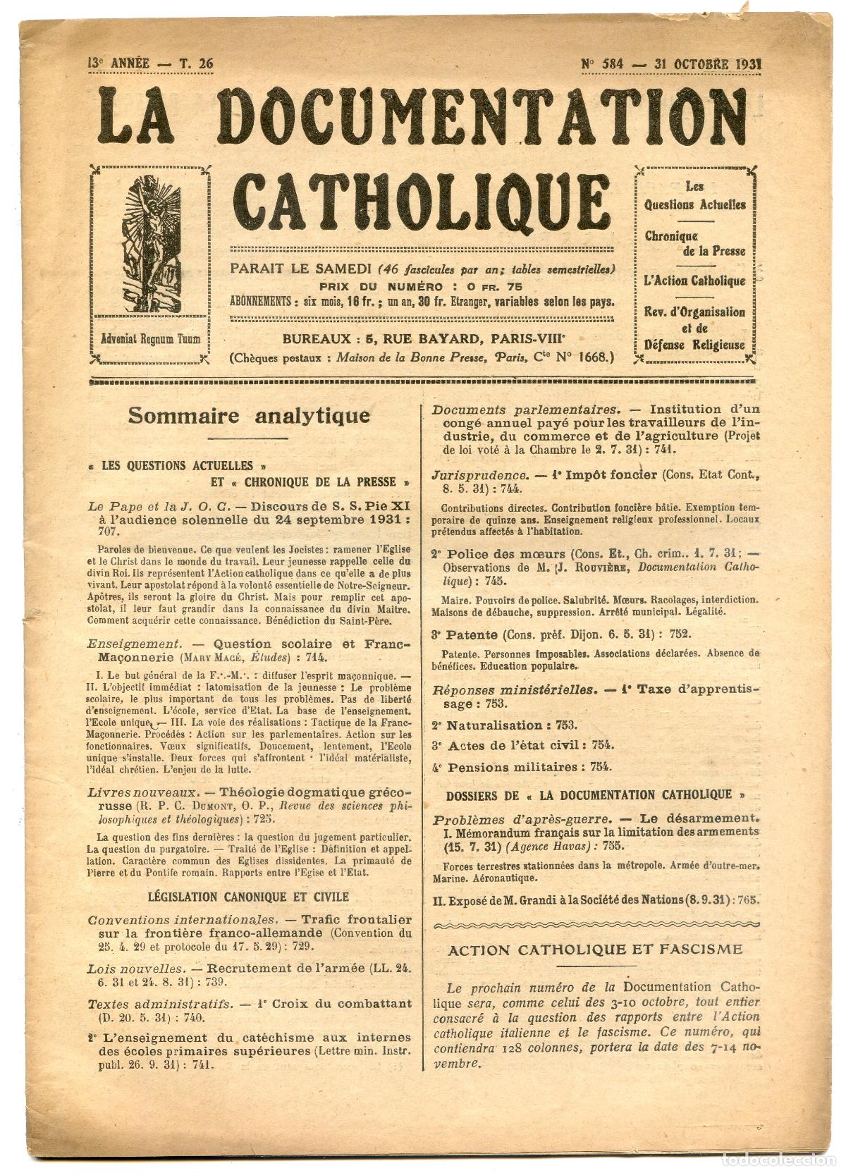 Coleccionismo de Revistas y Peri&oacute;dicos: Revista La documentation catholique, 1931-1932, lote 4 revistas con faja de env&iacute;o, y 14 sin ella