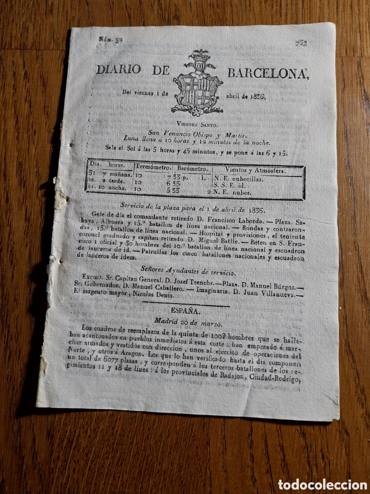 Collezionismo di Riviste e Giornali: DIARIO DE BARCELONA 1836.1&deg;G.CARLISTA QUINTAS AL NORTE Y ARAGON .CAPTURA FACCIONES EN VILLA D AYORA.