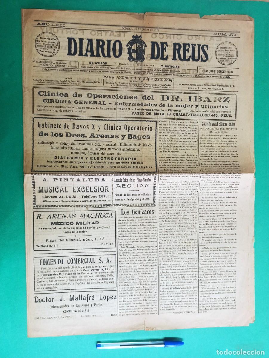 Coleccionismo de revistas y peri&oacute;dicos: Original y Antiguo periodico Diario de Reus. Julio 1921.