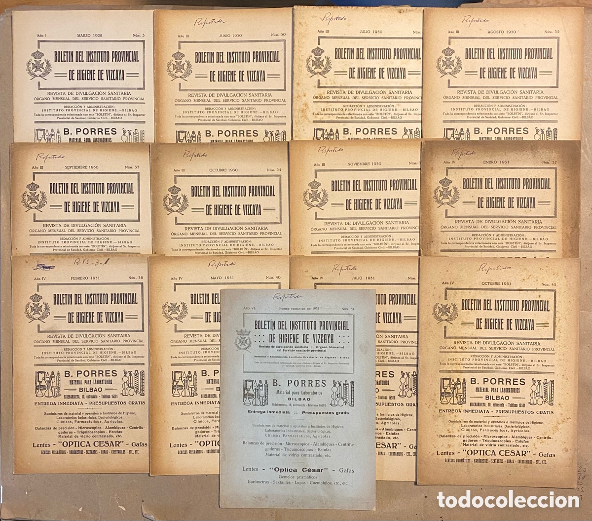 Coleccionismo de Revistas y Peri&oacute;dicos: BOLET&Iacute;N INSTITUTO PROVINCIAL DE HIGIENE DE VIZCAYA. LOTE 13 N&Uacute;MEROS (1928-1933). REVISTA DIVULGACI&Oacute;N