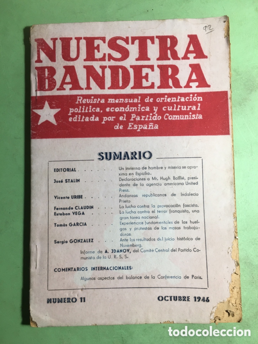 Coleccionismo de revistas y peri&oacute;dicos: 1946 OCTUBRE No.11 NUESTRA BANDERA REVISTA DEL PARTIDO COMUNISTA DE ESPA&Ntilde;A