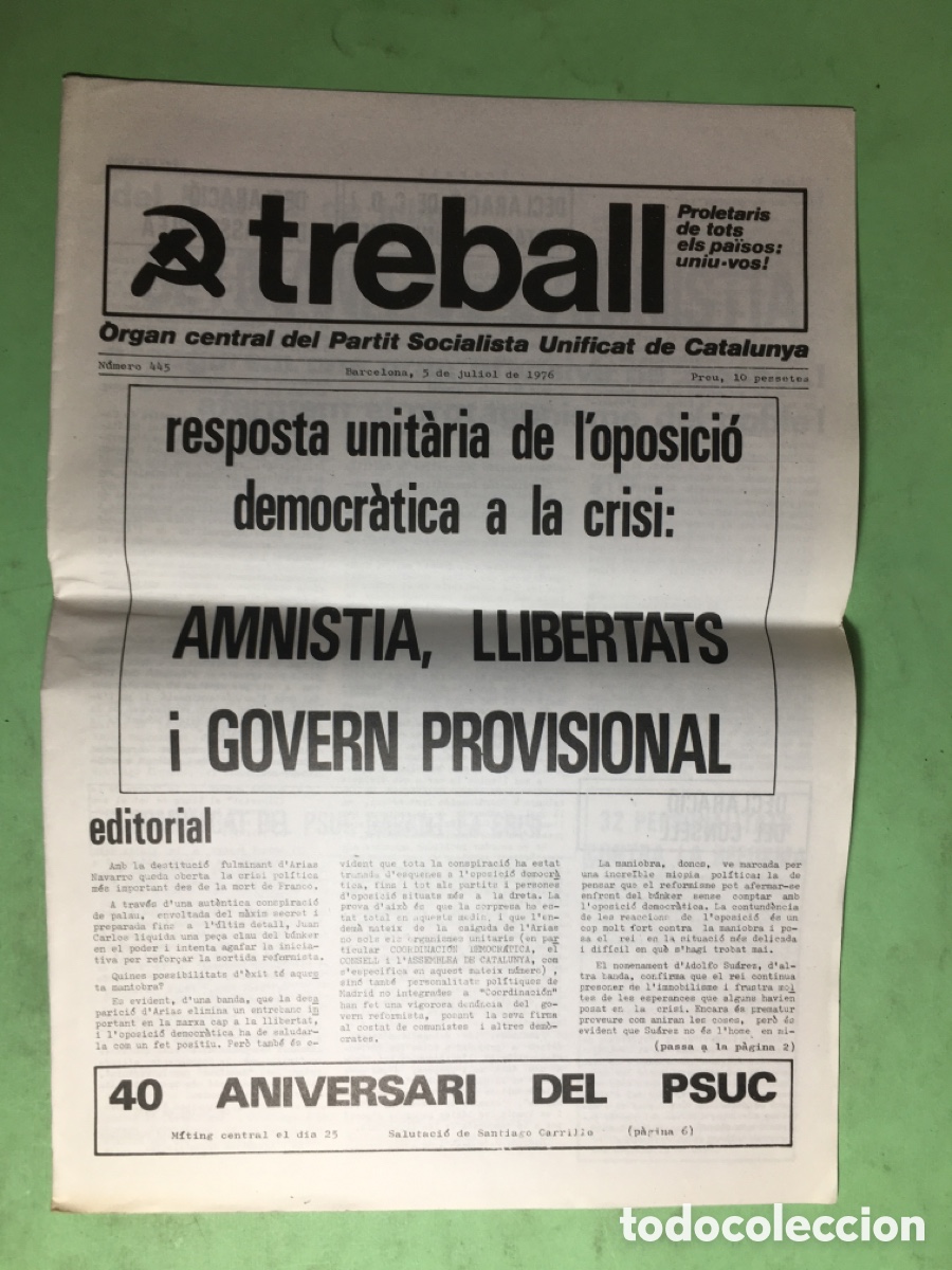 Coleccionismo de revistas y peri&oacute;dicos: 1976 No. 445 TREBALL ORGAN CENTRAL DEL PARTIT SOCIALISTA UNIFICAT DE CATALUNYA