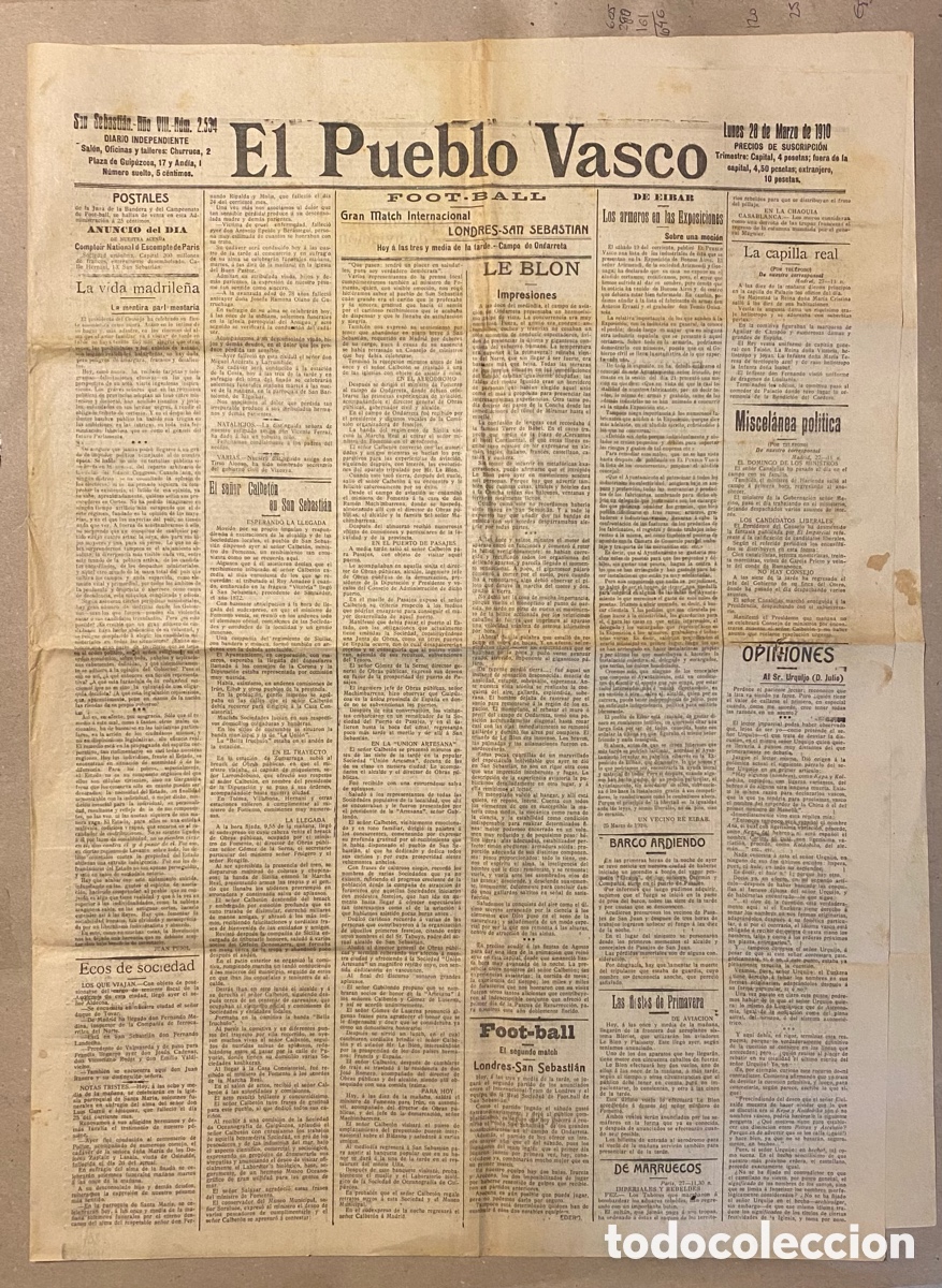 Coleccionismo de Revistas y Peri&oacute;dicos: EL PUEBLO VASCO (DIARIO INDEPENDIENTE), SAN SEBASTI&Aacute;N 28 MARZO DE 1910. F&Uacute;TBOL LONDRES - SAN SEBA