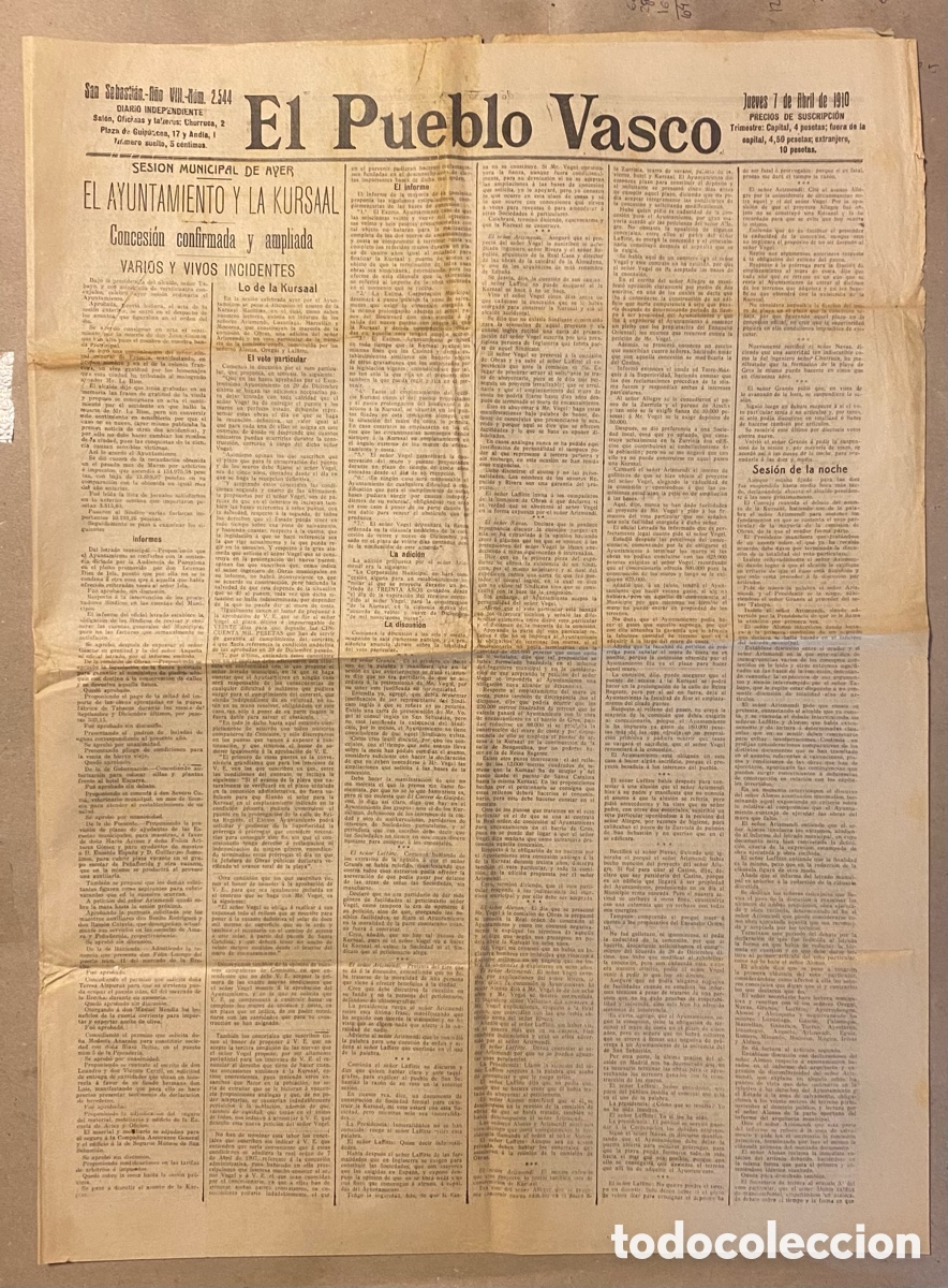 Coleccionismo de Revistas y Peri&oacute;dicos: EL PUEBLO VASCO (DIARIO INDEPENDIENTE), SAN SEBASTI&Aacute;N 7 DE ABRIL DE 1910. CONCESI&Oacute;N A LA KURSAAL,&hellip;