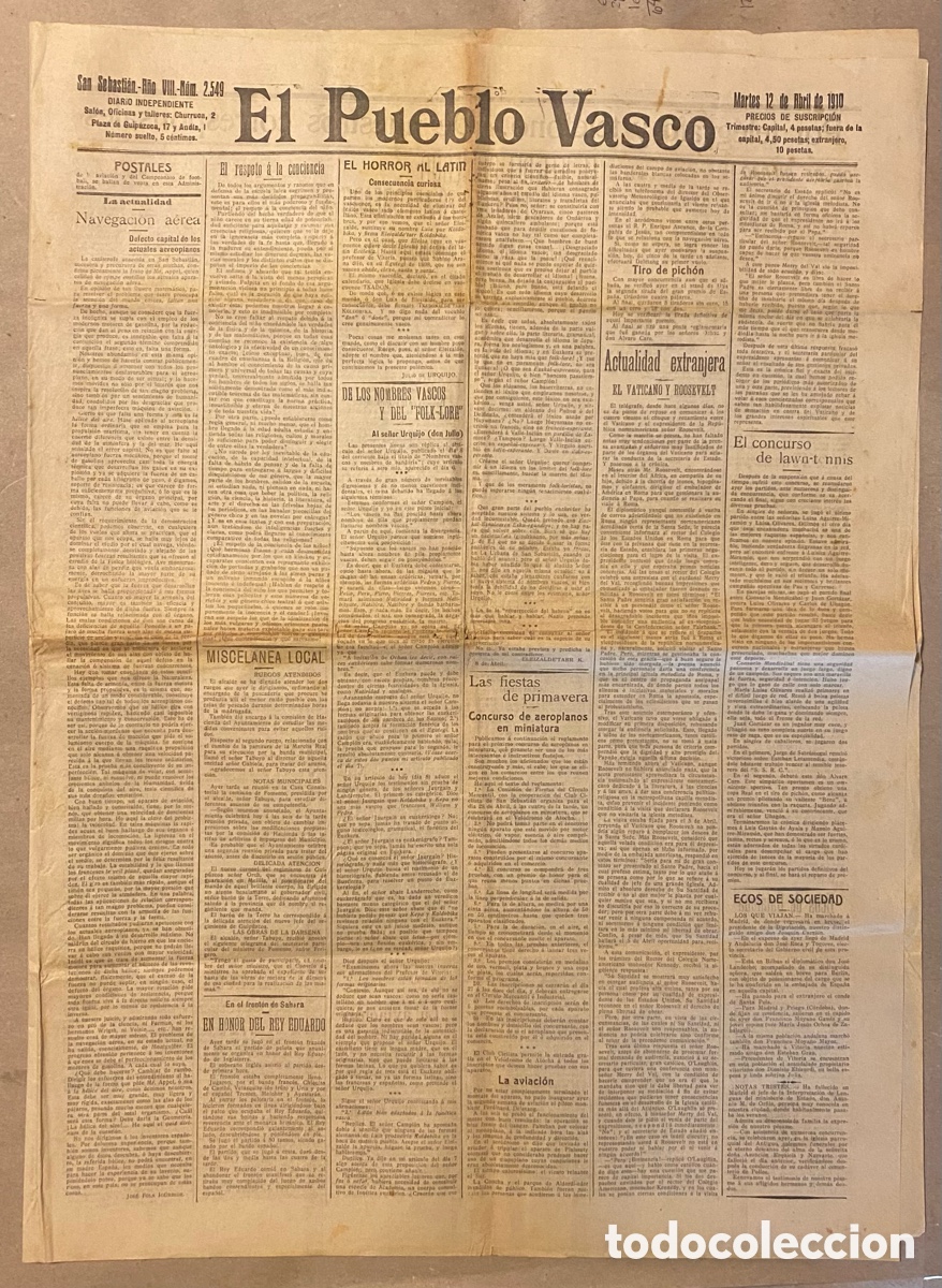 Collezionismo di Riviste e Giornali: EL PUEBLO VASCO (DIARIO INDEPENDIENTE), SAN SEBASTI&Aacute;N 12 DE ABRIL DE 1910.