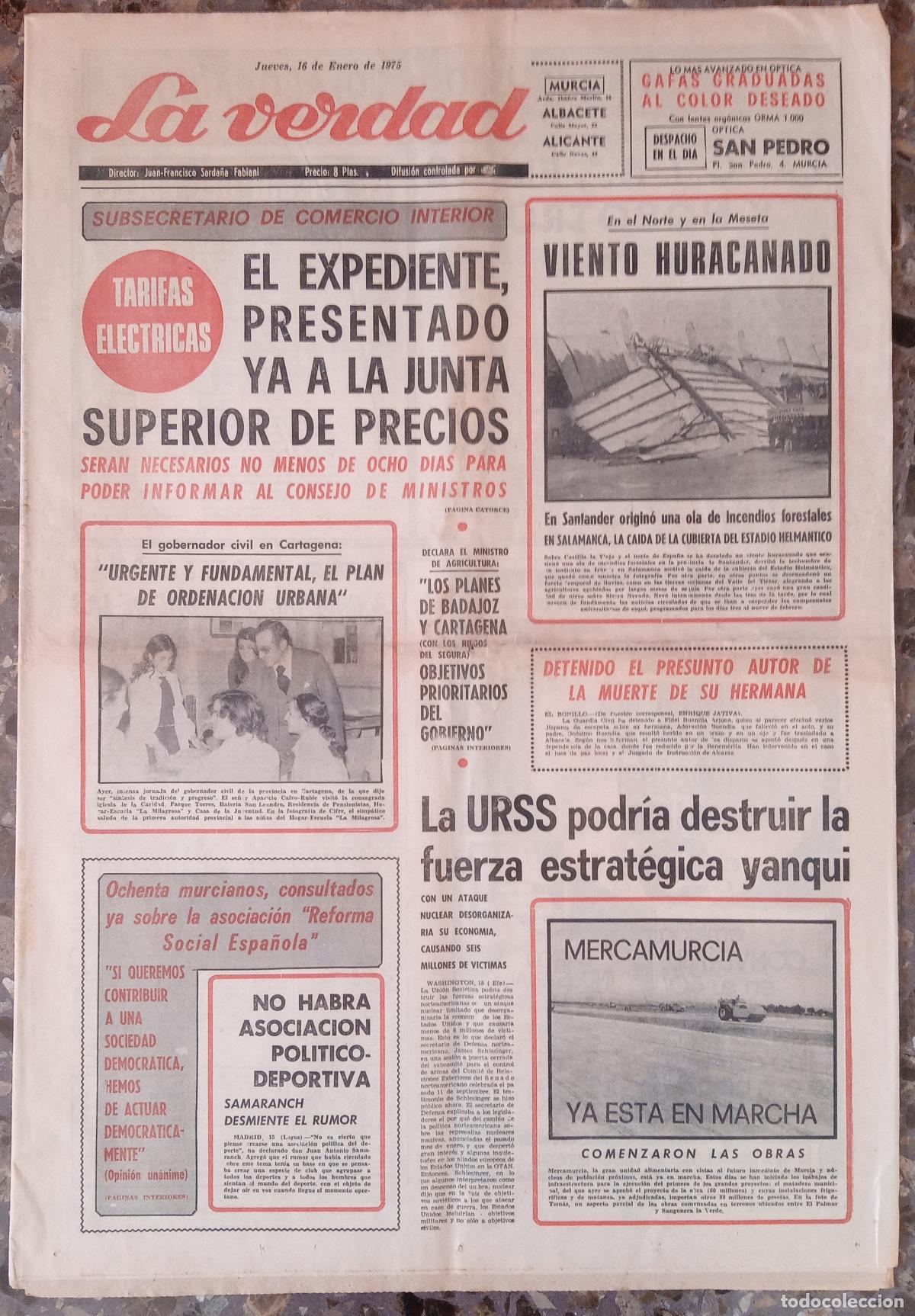 Coleccionismo de revistas y peri&oacute;dicos: PERIODICO LA VERDAD. 16 ENERO 1975. EL EXPEDIENTE PRESENTADO YA A LA JUNTA SEUPERIOR DE PRECIOS.