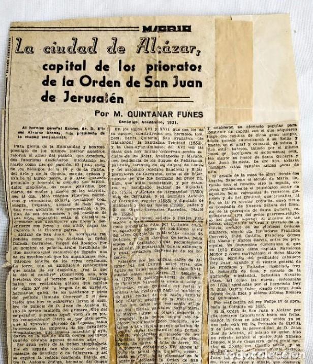 Coleccionismo de Revistas y Peri&oacute;dicos: 1931 - QUINTANAR FUNES: ALC&Aacute;ZAR DE SAN JUAN Y LA ORDEN DE SAN JUAN DE JERUSAL&Eacute;N