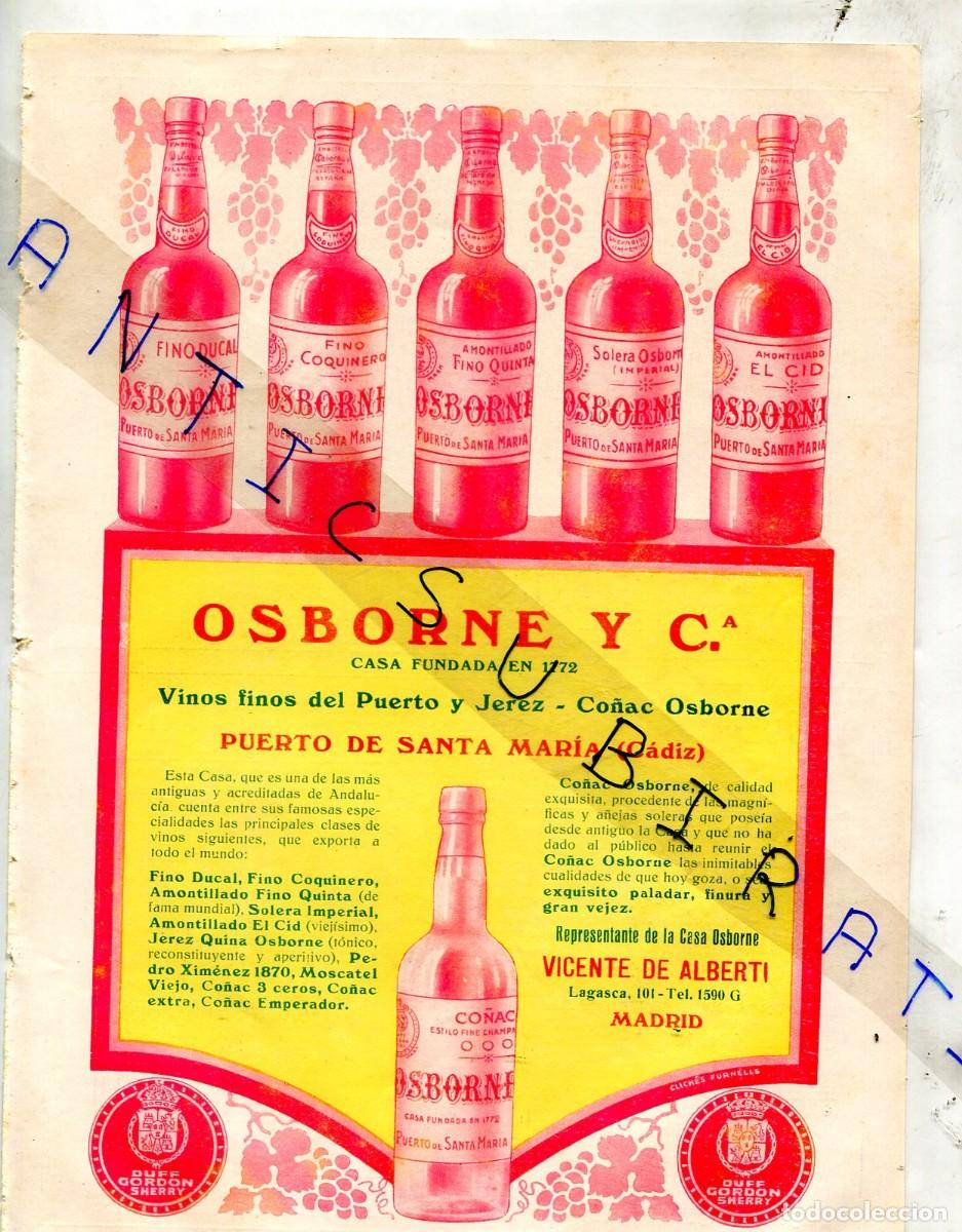 Coleccionismo de revistas y peri&oacute;dicos: RECORTE DE PRENSA A&Ntilde;O 1926 PUBLICIDAD RARA EN COLOR OSBORNE CO&Ntilde;AC FINOS