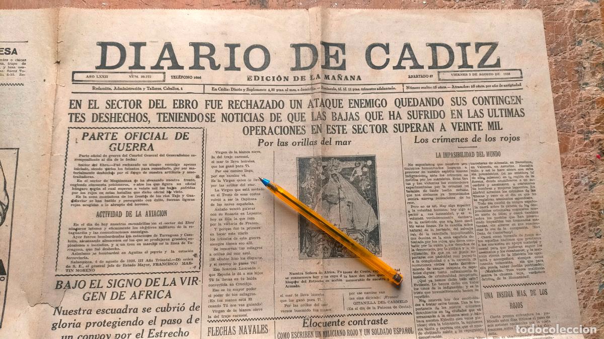 Coleccionismo de Revistas y Peri&oacute;dicos: DIARIO DE CADIZ 1938 VIRGEN DE AFRICA - PARTE DE GUERRA - CRIMENES ROJOS - PUERTO REAL - PUBLICIDAD