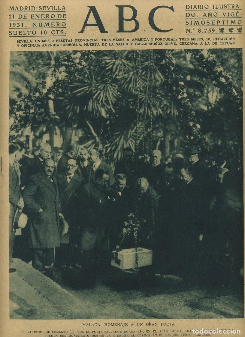 Coleccionismo de Revistas y Peri&oacute;dicos: PERIODICO ABC MADRID-SEVILLA 21 DE ENERO DE 1931 N&ordm;8759 MALAGA. HOMENAJE A UN POETA. A-ABC-0057 ,2