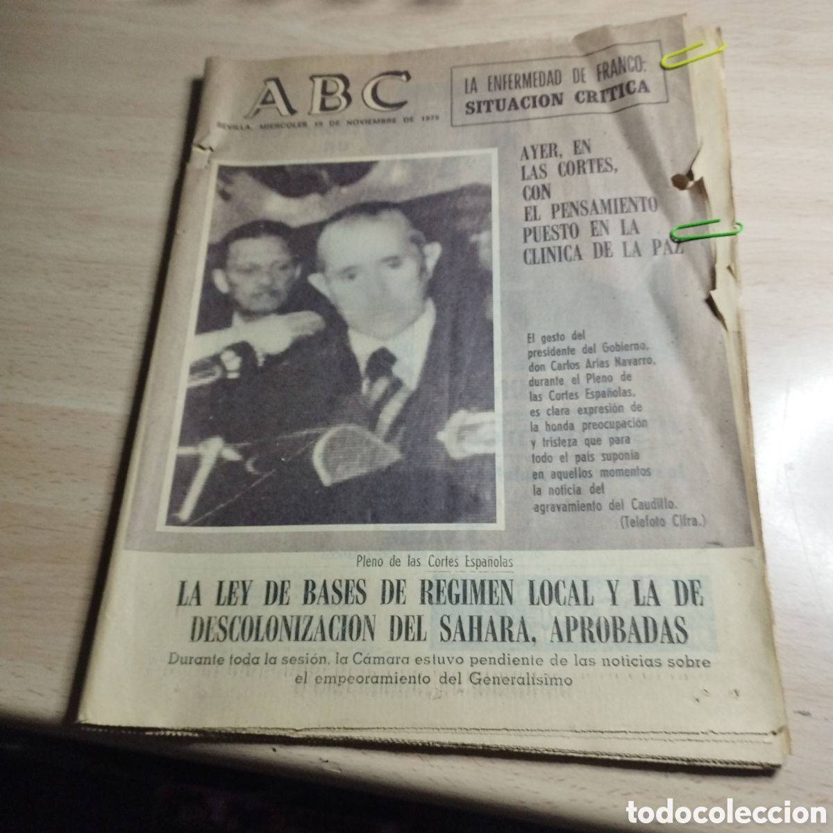 Coleccionismo de Revistas y Peri&oacute;dicos: ABC Sevilla. 19/11/1975. La enfermedad de Franco , situaci&oacute;n cr&iacute;tica.