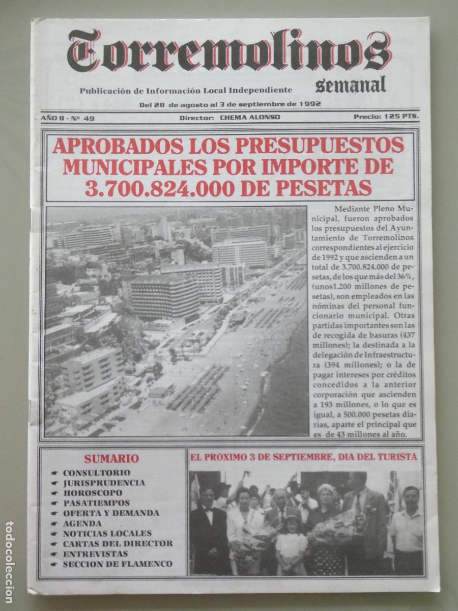 Collezionismo di Riviste e Giornali: REVISTA PERI&Oacute;DICO. SEMANAL DE TORREMOLINOS. A&Ntilde;O II 49 1992. POL&Iacute;TICA SOCIEDAD. 100GR