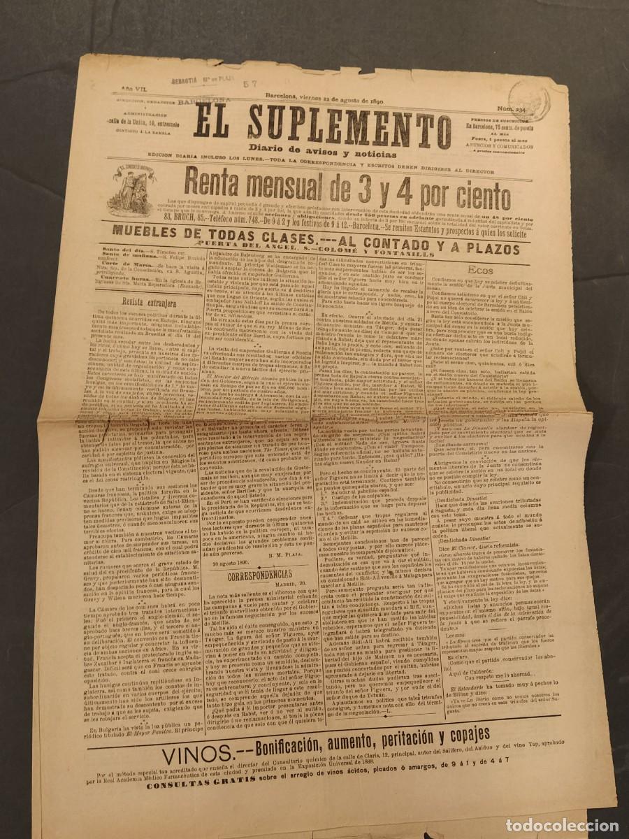 Collezionismo di Riviste e Giornali: EL SUPLEMENTO - DIARIO DE AVISOS Y NOTICIAS - N&ordm;234 A&Ntilde;O 1890 - DIARIO ANTIGUO ORIGINAL -VER FOTOS