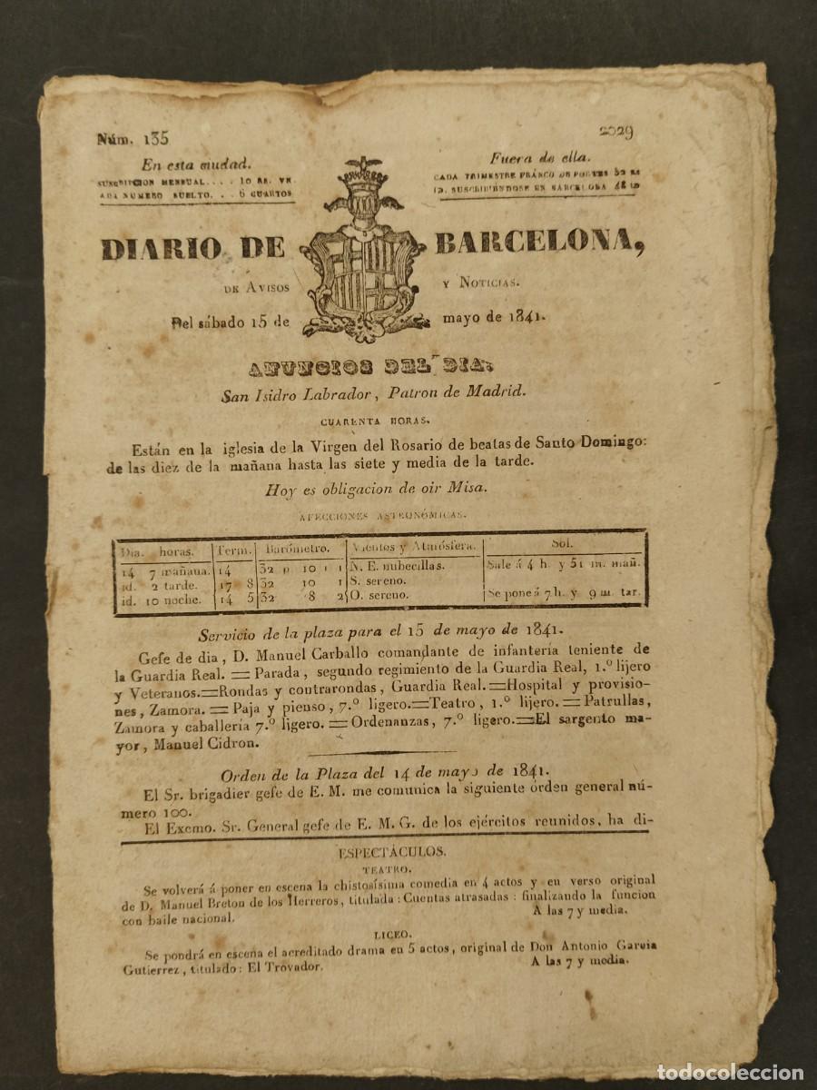 Collection Magazines and Newspapers: DIARIO DE BARCELONA - NUMERO 135 A&Ntilde;O 1841 - DIARIO ORIGINAL ANTIGUO - VER FOTOS