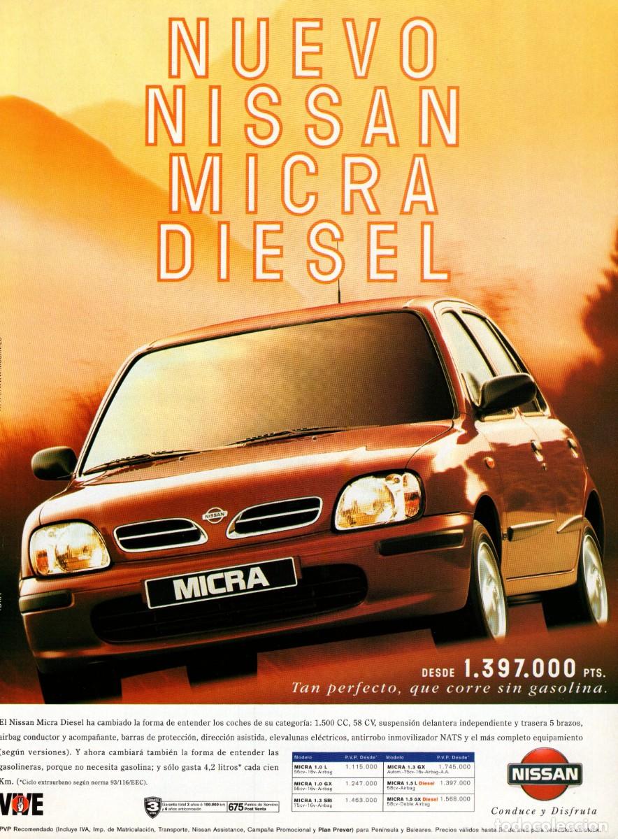 Coleccionismo de Revistas y Peri&oacute;dicos: Hoja publicidad revista 1998. Nuevo NISSAN MICRA DIESEL. Conduce y disfruta.