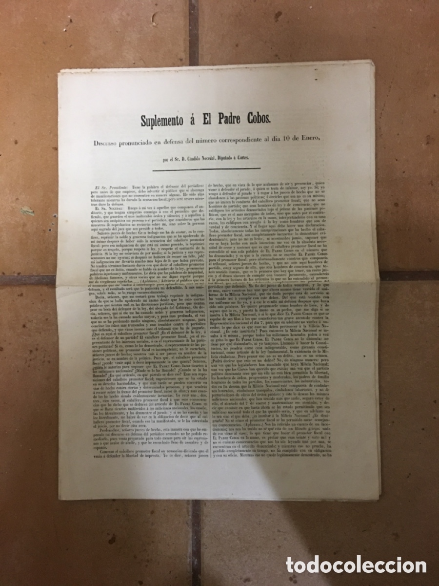 Collectionnisme de Revues et Journaux: 1856 SUPLEMENTO A EL PADRE COBOS DISCURSO EN DEFENSA DEL 10 ENERO C&Aacute;NDIDO NOCEDAL DIPUTADO A CORTES