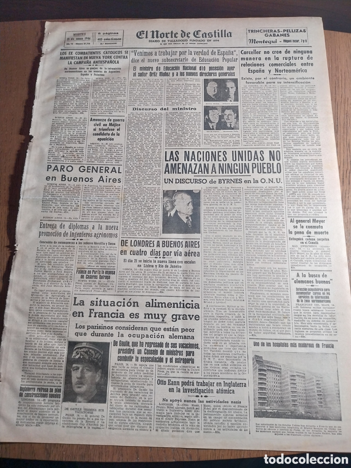 Collection Magazines and Newspapers: PERIODICO 1946 SITUACION MUY GRAVE EN FRANCIA. EL JUICIO DE NUREMBERG.HOGAR DEL CADETE EN VALLADOLID