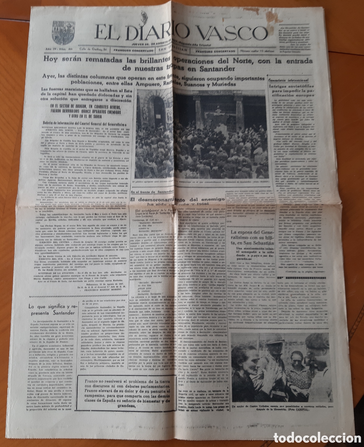 Collectionnisme de Revues et Journaux: Peri&oacute;dico El Diario Vasco. Guerra civil. Agosto 1937, liberaci&oacute;n Santander.