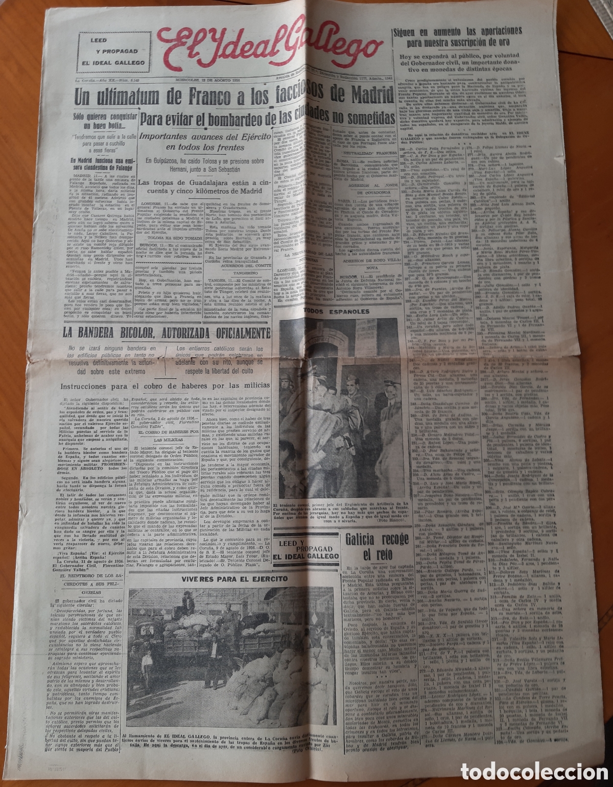 Collectionnisme de Revues et Journaux: Peri&oacute;dico El Ideal Gallego. Guerra civil La Coru&ntilde;a. A&ntilde;o 1936