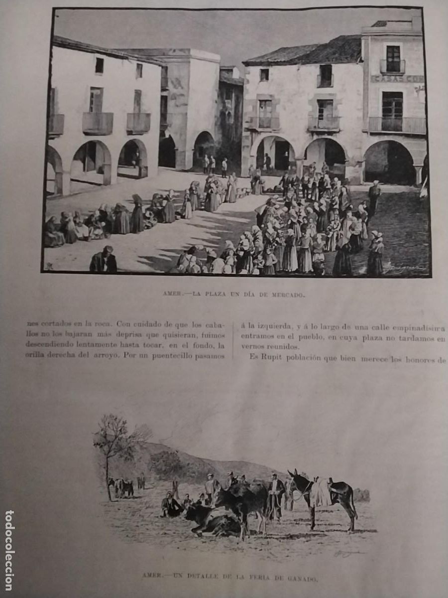 Colecionismo de Revistas e Jornais: AMER LA PLAZA EN UN DIA MERCADO VISTA GENERAL FERIAL PUENTE SOBRE LA RIERA 6 PAGINAS A&Ntilde;O 1891