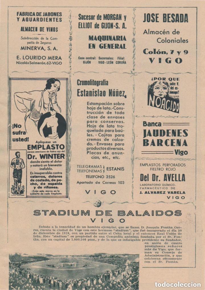 Coleccionismo de revistas y peri&oacute;dicos: * VIGO * Publicidad empresas, comercios y Stadium de Balaidos - 1933