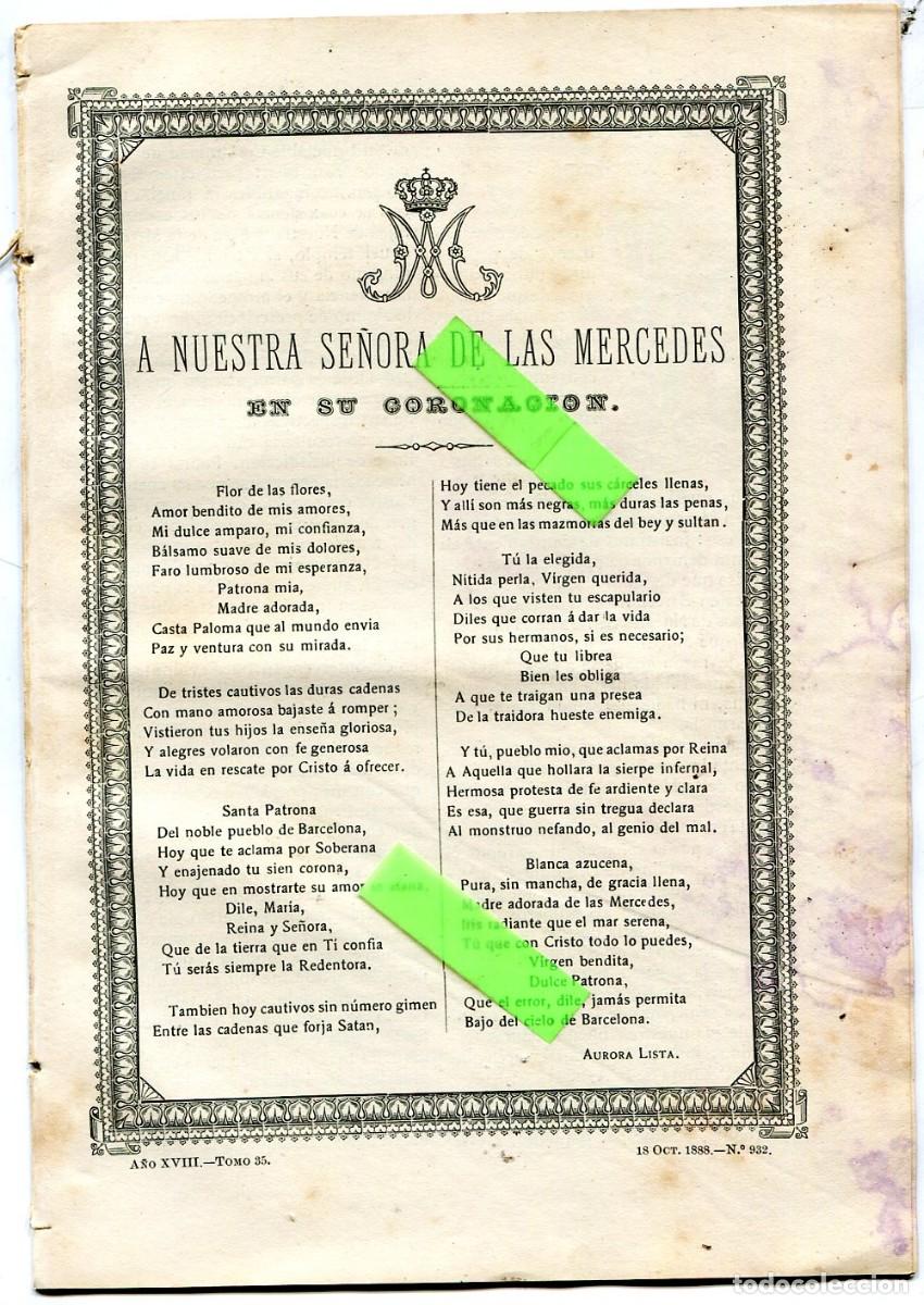 Collectionnisme de Revues et Journaux: REVISTA A&Ntilde;O 1888 CORONACION DE LA LA VIRGEN MAREDEDEU DE LA MERCE EN BARCELONA