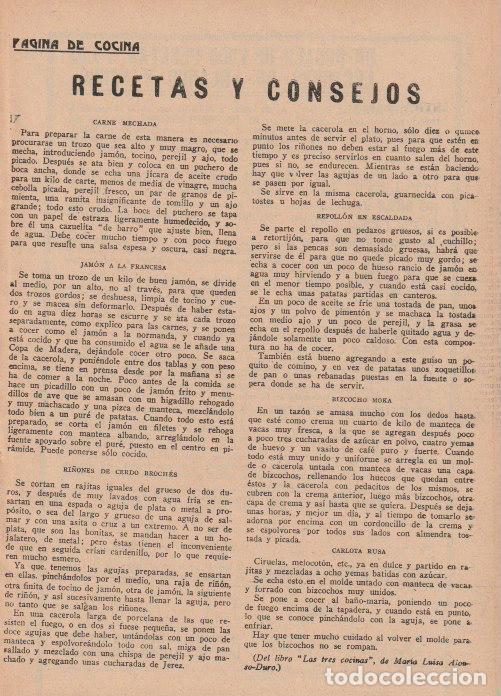 Coleccionismo de revistas y peri&oacute;dicos: Recetas cocina: carne mechada, jam&oacute;n a la francesa, ri&ntilde;ones de cerdo broch&eacute;s, repoll&oacute;n &hellip; -1933