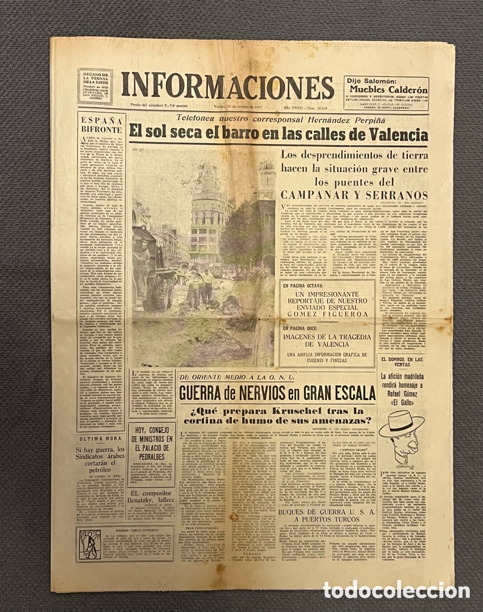 Coleccionismo de revistas y peri&oacute;dicos: RIADA VALENCIA.. INFORMACI&Oacute;NES Peri&oacute;dico, Octubre.,1957 VALENCIA RENACE ENTRE EL FANGO Y EL AGUA