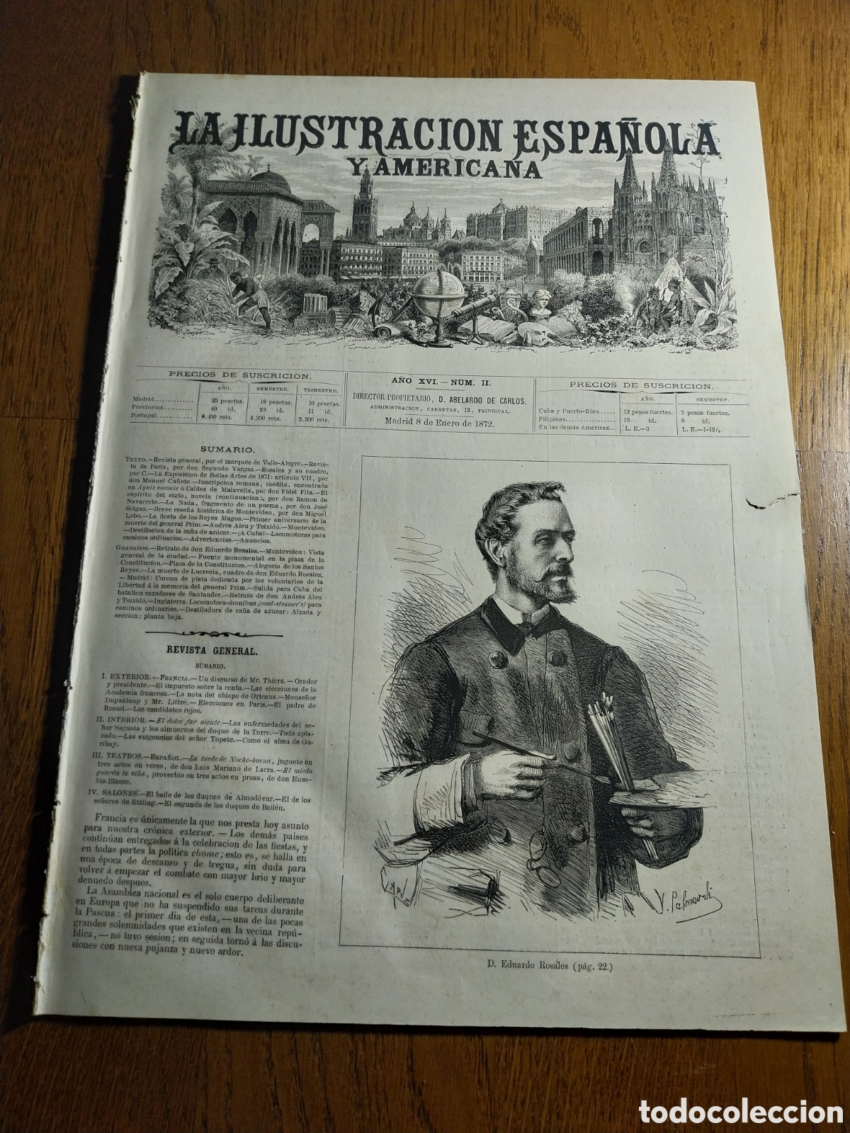 Collectionnisme de Revues et Journaux: REVISTA 1872 VISTAS DE MONTEVIDEO URUGUAY.PINTOR ROSALES.MUERTE LUCRECIA.BATALLON SANTANDER A CUBA