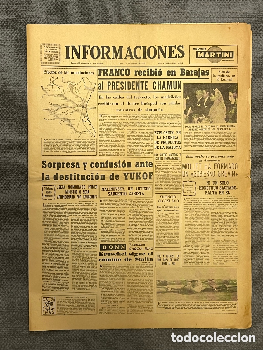 Sammeln von Zeitschriften und Zeitungen: RIADA VALENCIA.. INFORMACI&Oacute;NES Peri&oacute;dico, Oct.,1957., FRANCO recibi&oacute; en Barajas al PRESIDENTE
