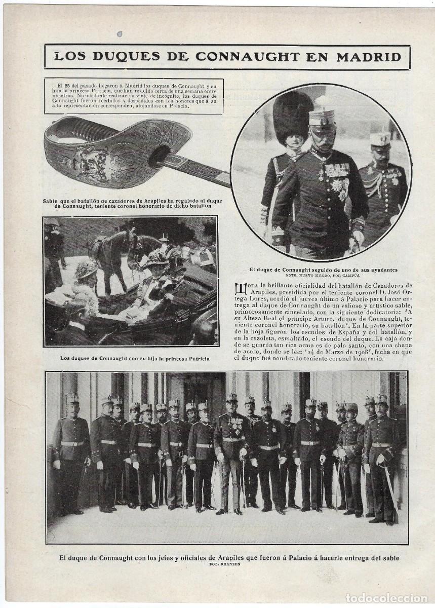 Coleccionismo de Revistas y Peri&oacute;dicos: 1909 HOJA REVISTA MADRID DUQUES DE CONNAUGHT BATALL&Oacute;N CAZADORES DE ARAPILES SABLE REGALO