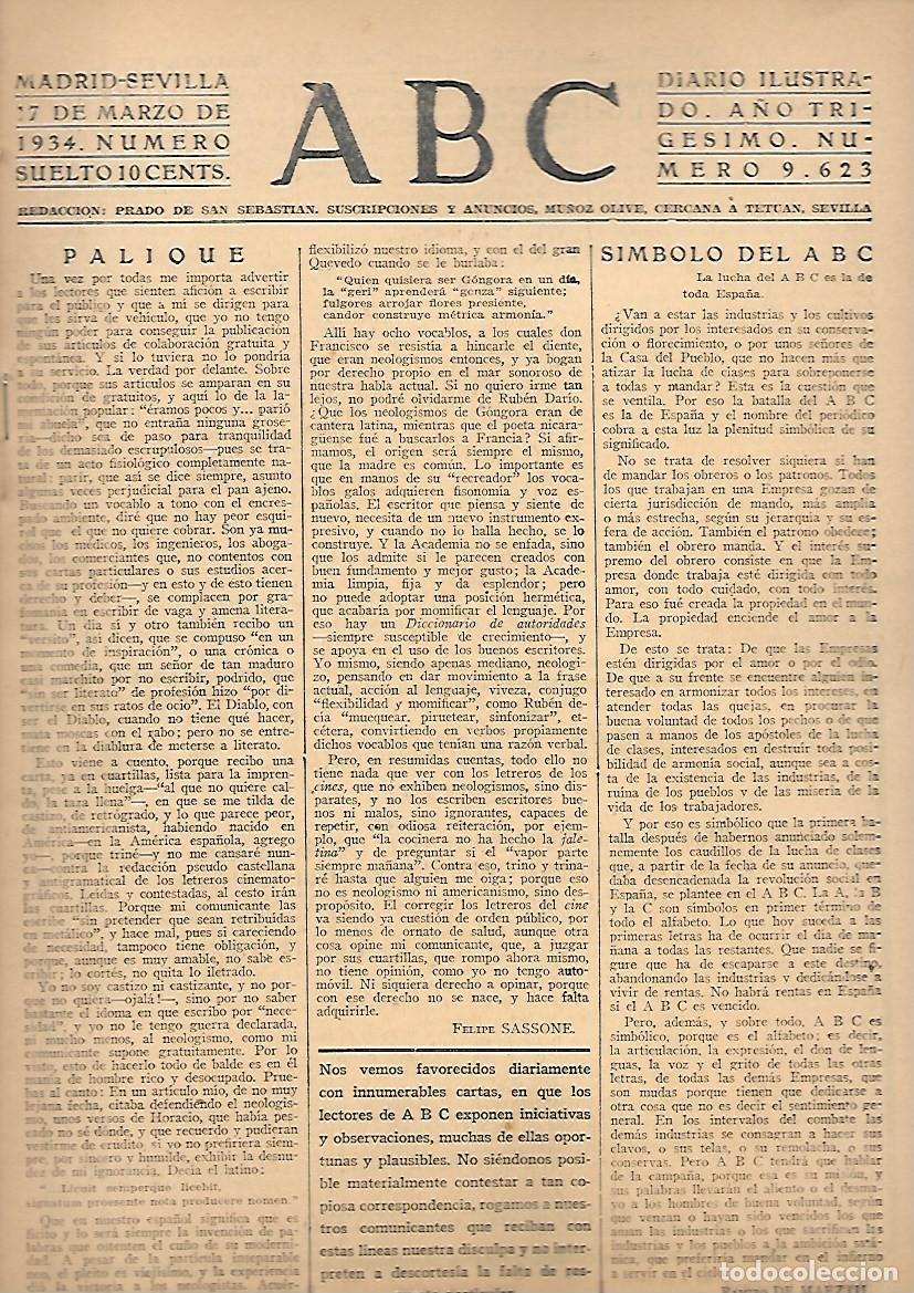 Coleccionismo de Revistas y Peri&oacute;dicos: PERIODICO ABC MADRID-SEVILLA 17 DE MARZO DE 1934 N&ordm;9623.A-ABC-0506
