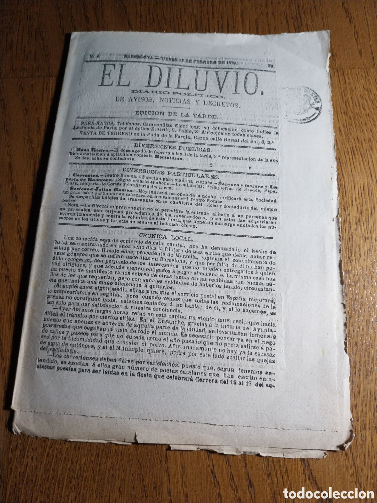 Collection Magazines and Newspapers: EL DILUVIO 1879. CR&Oacute;NICA COMERCIAL MEDINA DEL CAMPO ALAEJOS VALORIA RIOSECO . CRIMEN EN BETO&Ntilde;O &Aacute;LAVA
