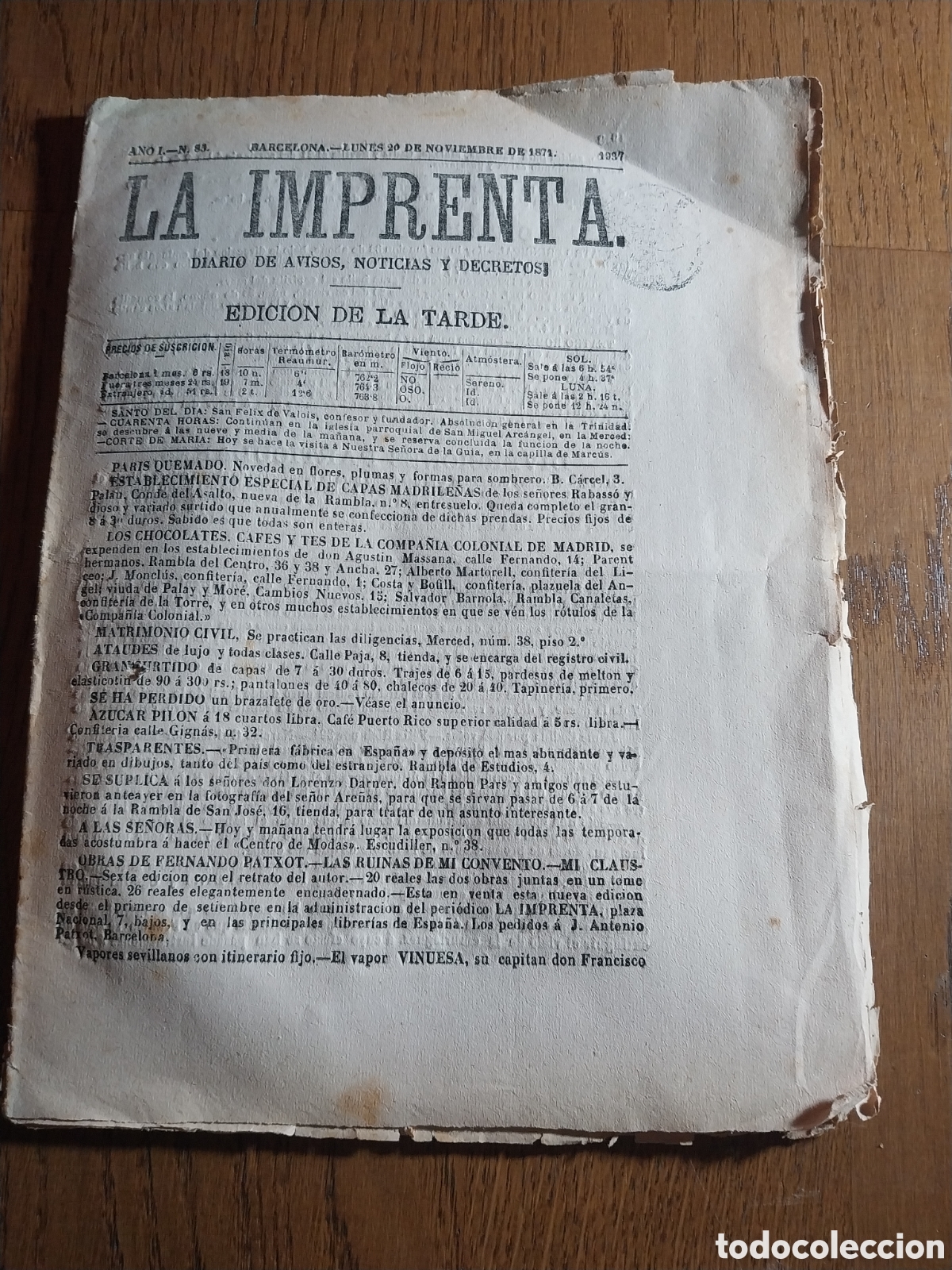 Collezionismo di Riviste e Giornali: LA IMPRENTA 1871 .CRONICAS LOCAL , RELIGIOSA , JUDICIAL , PARLAMENTARIA, NACIONAL .