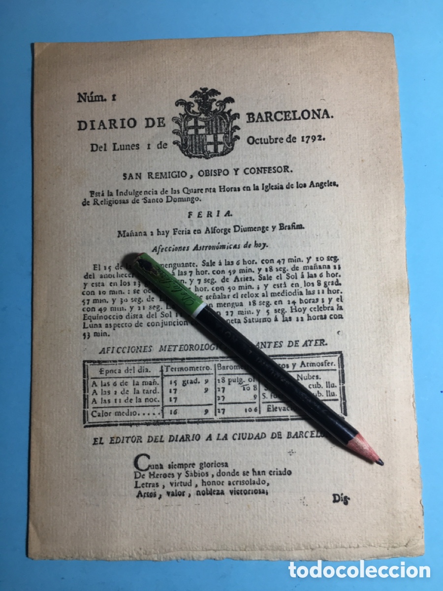 Coleccionismo de revistas y peri&oacute;dicos: 1792 1/10 DIARIO DE BARCELONA N&Uacute;MERO 1 LAS PASTILLAS CONCENTRADAS PARA HACER CALDO MARINA Y EXERCIT