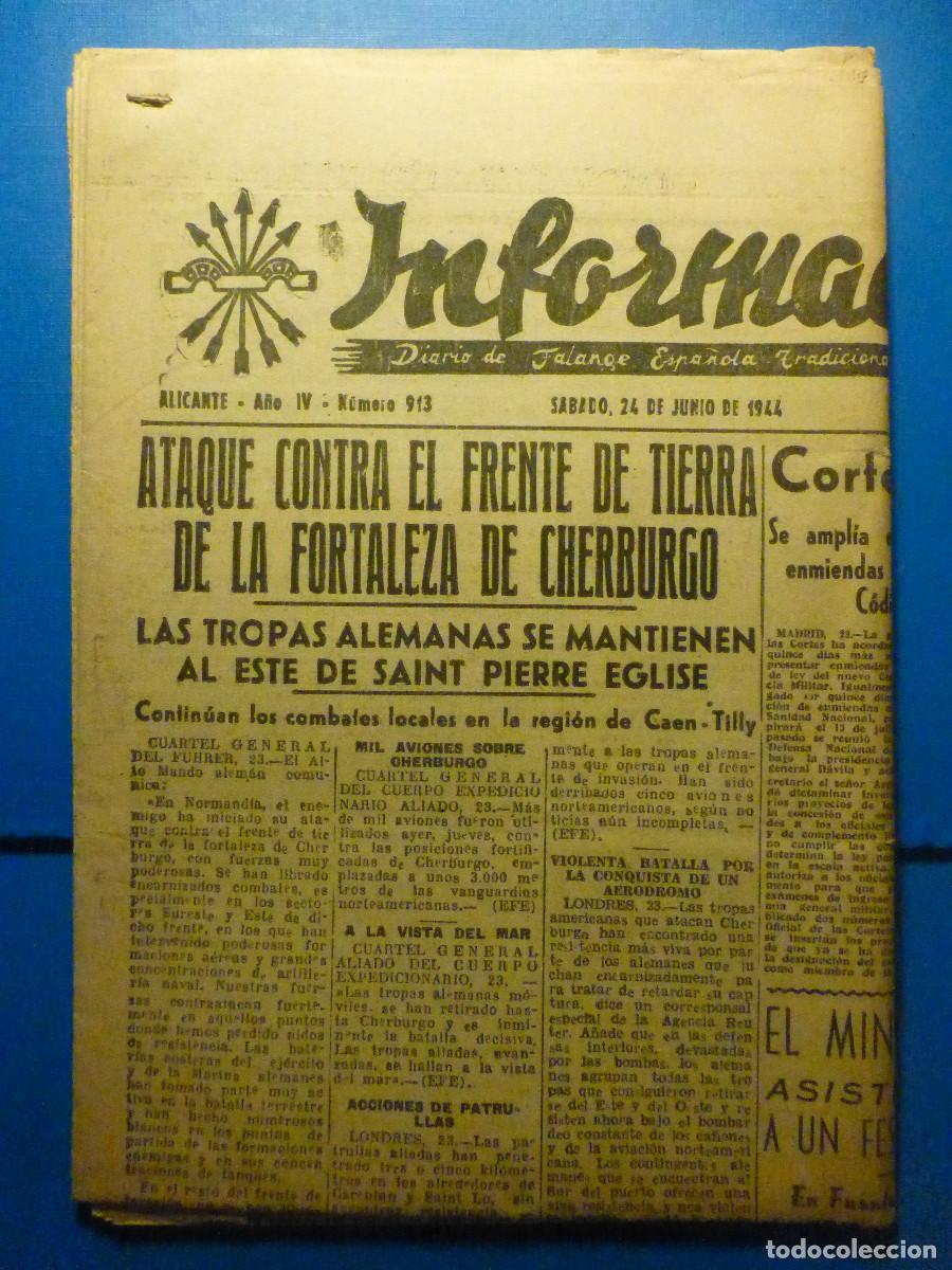 Sammeln von Zeitschriften und Zeitungen: Periodico - Diario de Falange Espa&ntilde;ola Informaci&oacute;n - Alicante 24 Junio 1944 - 6 hojas de 37 x 52 cm