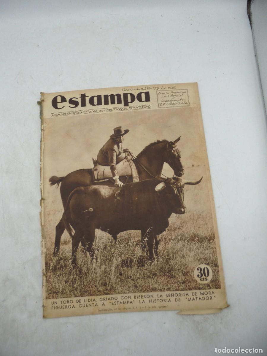 Coleccionismo de Revistas y Peri&oacute;dicos: ESTAMPA. REVISTA GRAFICA. A&Ntilde;O 8. N&ordm; 391. 13 JUL. 1935. TORO CRIADO CON BIBERON. AVENTURA DE GU.LEER.