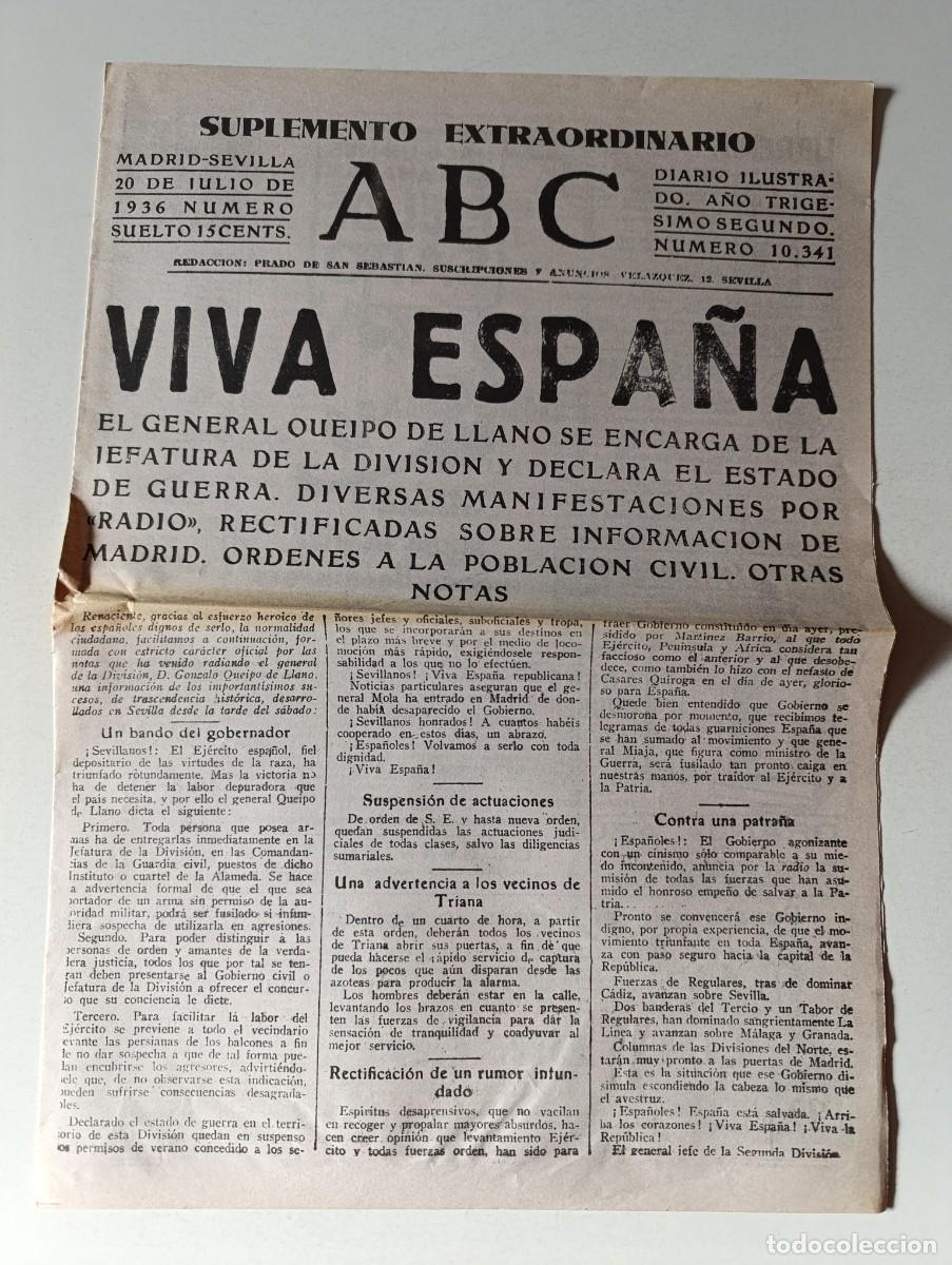 Coleccionismo de Revistas y Peri&oacute;dicos: Peri&oacute;dico ABC Suplemento Extraordinario n&ordm; 10341 VIVA ESPA&Ntilde;A del 20 de julio de 1936 RARO
